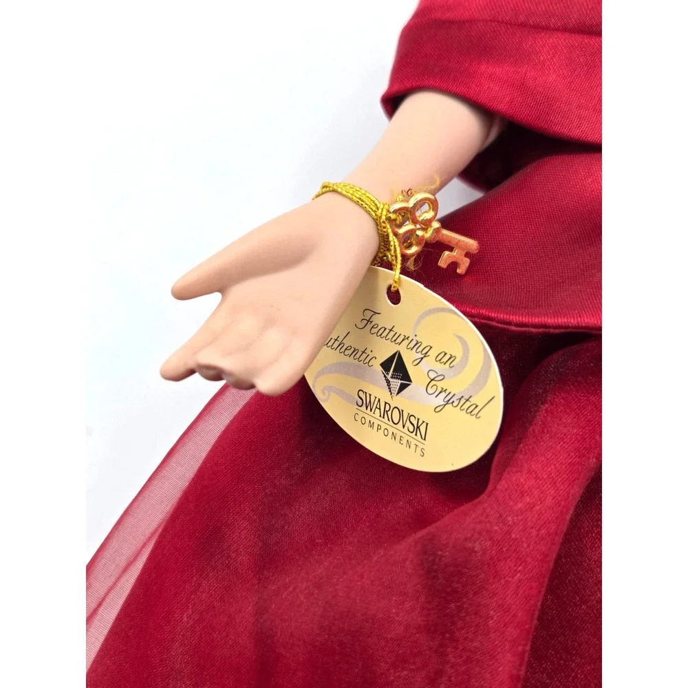 Vintage Camellia Garden Brass Key Swarovski Crystal Porcelain‎ Doll Red Gown